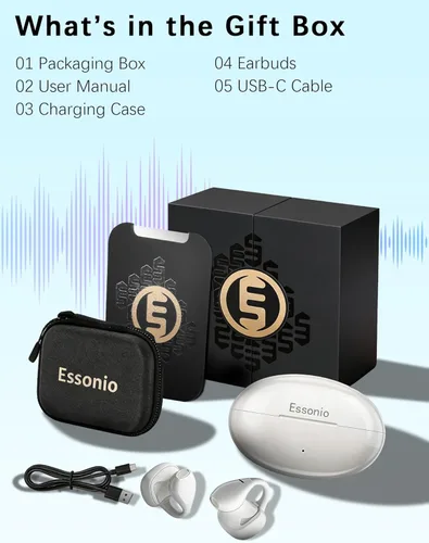 Miniatura 7 de Essonio Auriculares de oreja abierta ENC AI Auriculares de conducción de aire 68 horas de reproducción, sonido estéreo, control táctil, auriculares