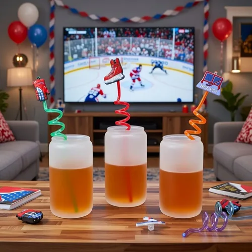 Miniatura 5 de Roshtia Paquete de 24 popotes de hockey, popotes rizados reutilizables con decoraciones de hockey sobre hielo, popotes de bebida diaria