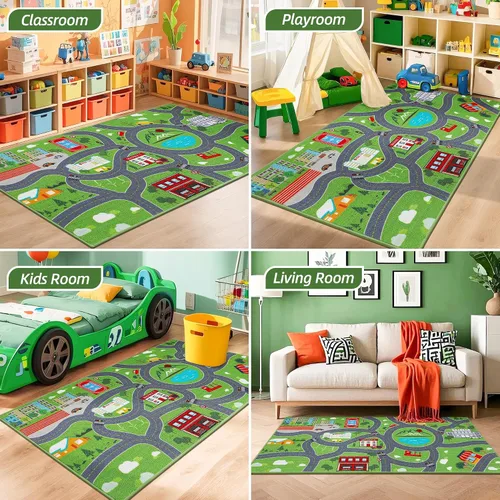 Miniatura 8 de BEQHAUSE Alfombra de juego para niños, alfombra de tráfico de ciudad verde, ideal para jugar con autos, alfombra de área de juegos de 32 x 60