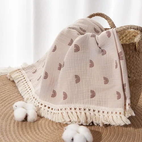 Miniatura 3 de Manta de muselina de algodón insular para bebé con borla, manta de muselina boho bohemio para bebé con borla, manta de recepción para bebé con Arco