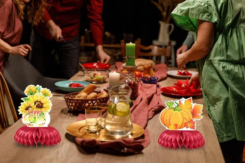 Miniatura 6 de Centros de mesa de nido de abeja de feliz otoño, centros de mesa de panal 3D, decoración de cosecha de espantapájaros, camión, calabaza, girasol