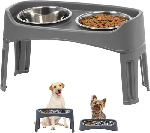 Miniatura 10 de IRIS USA Cuencos elevados para perros, soporte ajustable, estación de alimentación elevada con 2 cuencos de acero inoxidable de 64 onzas, protector