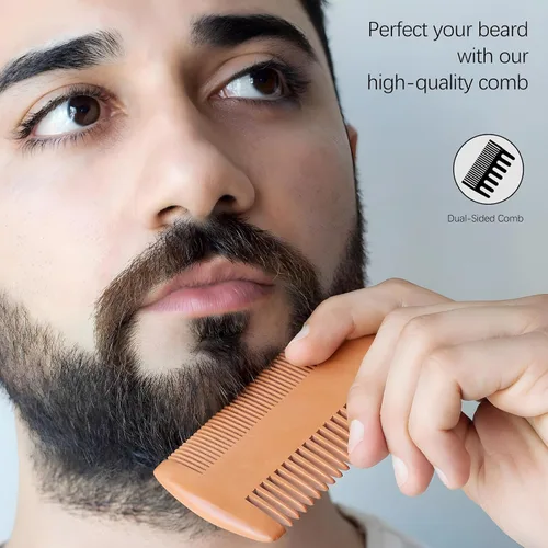Miniatura 3 de Kit de peine de madera para barba, dientes finos y gruesos de doble acción, color madera y peine de bolsillo negro para barbas, bigotes y cuidado