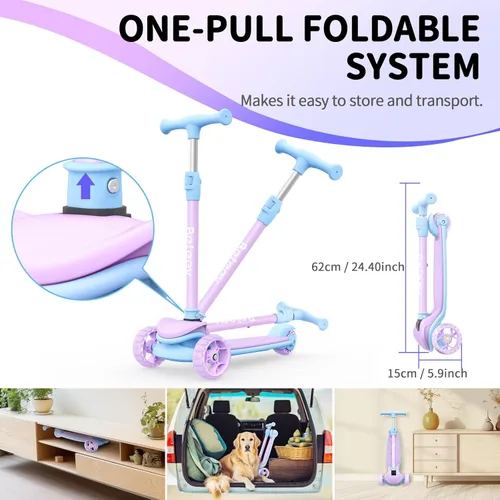 Miniatura 3 de BELEEV Patinete A8 para niños de 3 a 12 años, scooter plegable de 3 ruedas para niños y niñas, ruedas con luz LED, 4 alturas ajustables, inclinación