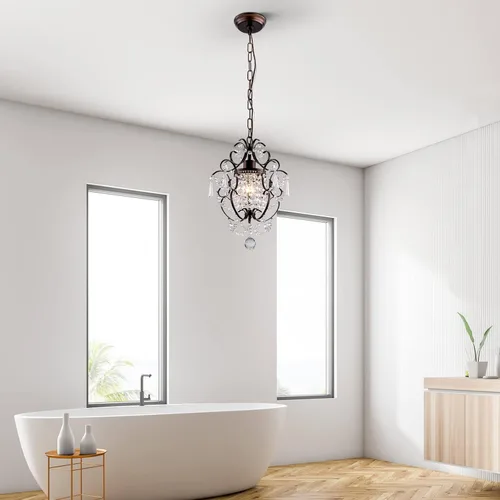 Miniatura 8 de Candelabro de Cristal Mini Moderno, Lámparas de Luz de Cristal de Hierro Bronce Montaje en Techo 1 Luz Candelabros Pequeños para Dormitorio