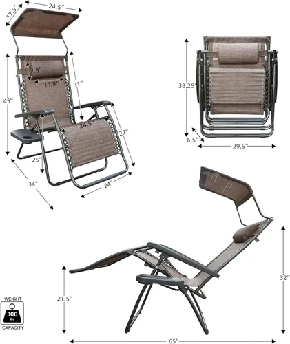 Miniatura 3 de Jeco Silla de gravedad cero de gran tamaño con sombrilla y bandeja de bebidas, malla marrón
