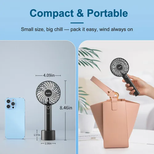Miniatura 8 de HandFan Ventilador de mano portátil, pequeño ventilador de mano personal, mini ventiladores de refrigeración eléctricos, ventiladores de escritorio