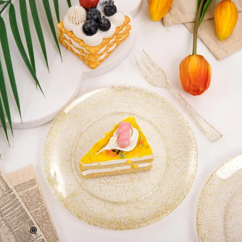 Miniatura 6 de Festiva 200 platos de postre dorados con purpurina de 6.3 pulgadas con tenedores de 5 pulgadas, platos pequeños de plástico para postre, pasteles