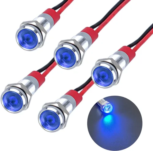 Miniatura 16 de 5Pcs 12V-24V Luz indicadora LED de ahorro de energía Montaje de orificio 8mm (1/3") 20mA Señal de lámpara de cabeza plana ancha impermeable piloto