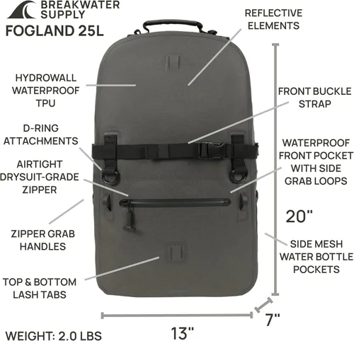 Miniatura 5 de Breakwater Supply™ Mochila impermeable IP68 sumergible con cierres herméticos Para portátil, viajes al aire libre Fogland 25L 20L 15L, 25 L