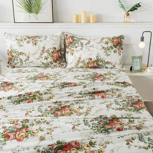 Miniatura 2 de FADFAY Juego de sábanas de cama vintage con diseño floral rosa tamaño King, 100% algodón premium, diseño floral shabby chic desgastado y elegante