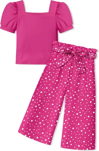Miniatura 23 de DONWEN Conjunto de 3 piezas de ropa para niñas pequeñas y niñas con cuello cuadrado + pantalones elegantes + diadema para primavera y verano