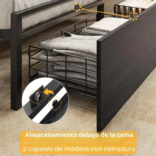 Miniatura 4 de Furnulem Base de cama Queen con cabecera de madera y estante de almacenamiento, marco de cama de plataforma de metal tamaño Queen con cajones