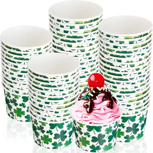 Zopeal Paquete de 50 tazas de papel de 9 onzas para helado del Día de San Patricio, cuencos desechables para helado de trébol, tazas de aperitivos