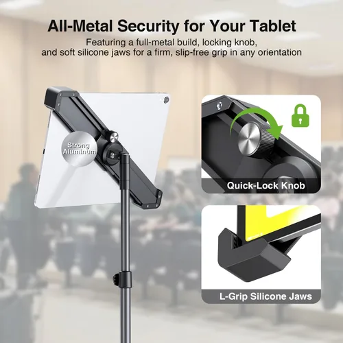 Miniatura 2 de elitehood Trípode de aluminio resistente para tableta, soporte de trípode ajustable para iPad con inclinación giratoria de 360 grados, soporte