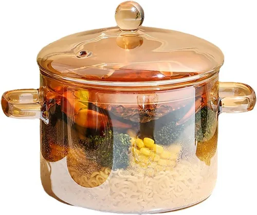 Olla de vidrio transparente para estufa, sartén de doble asa con tapa para fideos de pasta, sopa, leche, preparación de alimentos para bebés o Ámbar