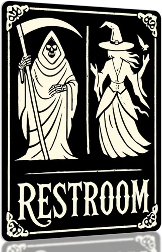 Letrero de decoración de baño de Halloween – Parca y bruja, decoración espeluznante para baño, divertida placa de metal gótica de 11 x 8.3 pulgadas,
