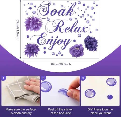 Miniatura 2 de Xuniea Calcomanías de pared de baño moradas Soak Relax Enjoy Spa, calcomanías impermeables para decoración de pared para dormitorio, baño, cocina