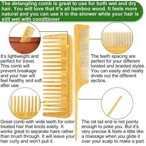 Miniatura 5 de Juego de peine de bambú para mujer, cepillo desenredante de paleta de madera para cabello grueso, fino, rizado, lacio, ondulado, fino, diente ancho
