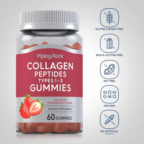 Miniatura 3 de Piping Rock Gomitas de colágeno 60 unidades Péptidos de colágeno tipo 1 y 3 Sabor a fresa Suplemento bovino Sin OMG, sin gluten