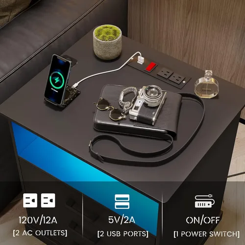 Miniatura 4 de Hasuit Mesita de noche con estación de carga y luces LED, mesita de noche grande con 3 cajones de almacenamiento, mesita de noche negra