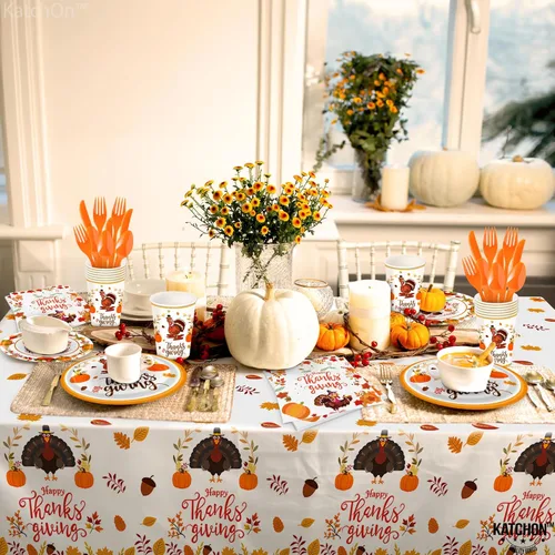 Miniatura 7 de KatchOn Paquete de fiesta de Acción de Gracias, 176 piezas para 25 invitados, mantel, platos, servilletas, tazas y cubiertos para decoración de mesa