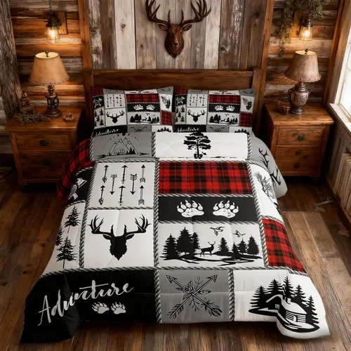 Miniatura 210 de Juego de edredón de cuernos de ciervo tamaño individual, juego de ropa de cama rústica de granja con huellas de oso y pinos para decoración