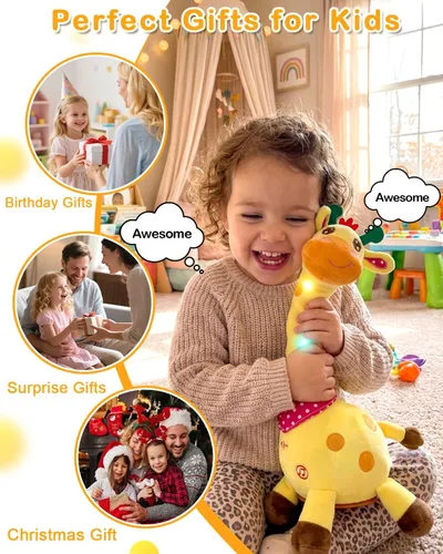 Miniatura 7 de Pbooo Juguete de jirafa que habla bailando, animal de peluche repite lo que dices, peluche musical electrónico con luz brillante, juguetes