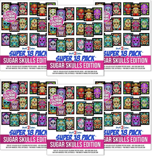 Paquete de 18 pósteres de terciopelo mullido para colorear (edición de calaveras de azúcar), ideal para niños, Halloween, día de los muertos, día de
