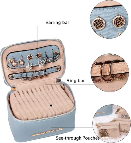 Miniatura 4 de Angelinas Palace Estuche organizador de joyas regalos de dama de honor bolsa de viaje caja de cuero vegano para collar aretes pulsera anillo azul