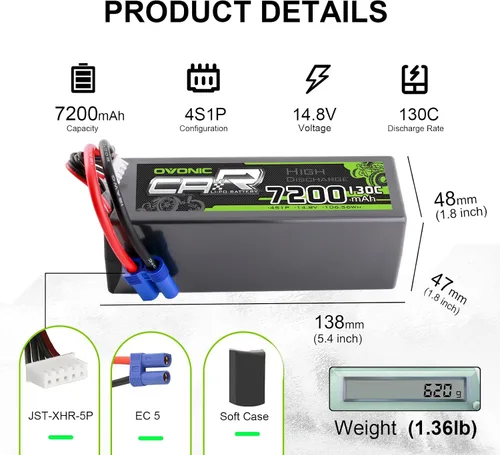 Miniatura 2 de OVONIC 4S LiPo Batería 7200mAh 14.8V 130C RC Batería con conector EC5 (paquete de 2)