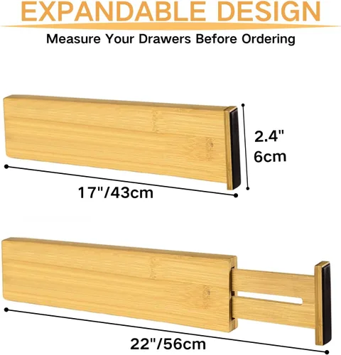 Miniatura 8 de Juego de 4 separadores de cajones de bambú, organizadores de cajones ajustables para cocina, dormitorio, baño, tocador y oficina (17 a 22 pulgadas)