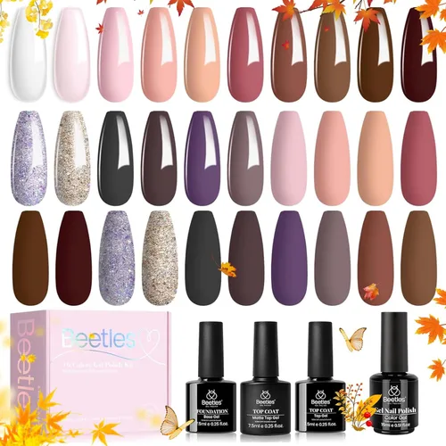 beetles Gel Polish Juego de esmaltes de uñas de gel de 16 colores, blanco, marrón oscuro, rosa, colores nude, esmalte de uñas natural con 3 piezas