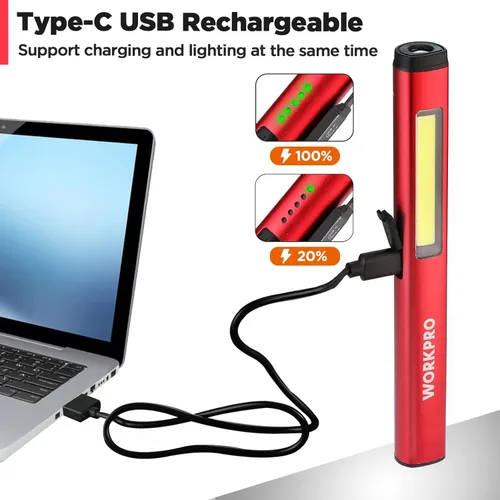 Miniatura 6 de WORKPRO Linterna tipo bolígrafo recargable, linterna LED de 450 lúmenes con luz negra UV de 365 nm, linterna multifuncional para mecánico, Rojo