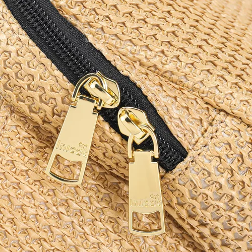 Miniatura 8 de Riñonera de verano de paja con bloqueo RFID para mujer 2025, bolsa cruzada con correa ajustable, Negro (Boho Black)