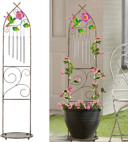Miniatura 8 de Enrejado de jardín con soportes para plantas, enrejado de metal desmontable de 48 pulgadas para maceta con libélula y campanillas de viento