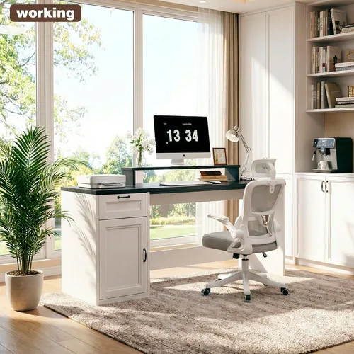 Miniatura 6 de HUAHUU Escritorio ejecutivo de granja de 63 pulgadas con cajones, escritorio moderno para computadora con tomas de corriente, escritorio de oficina
