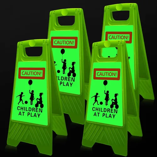 4 letreros grandes de 24 pulgadas para niños en el juego, reflectantes, de doble cara, letreros de seguridad para niños en juego, mango portátil