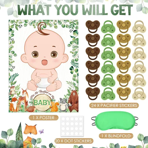 Miniatura 3 de Juego Faccito Pon el Chupete para Baby Shower Juego de Decoración para Baby Shower Incluye Póster Grande 24 Adhesivos de Chupete Juego con Venda