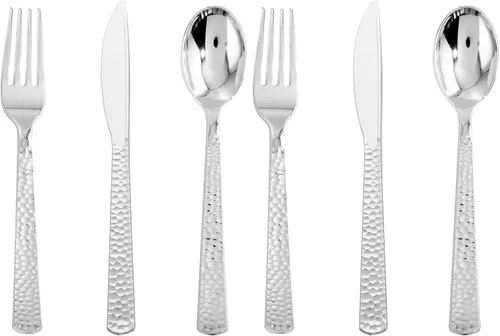 Miniatura 14 de Nervure Juego de cubiertos de plástico dorado de 90 piezas, juego de cubiertos desechables resistentes, utensilios de plástico dorado de lujo que