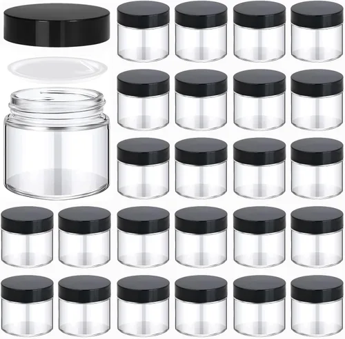 Paquete de 24 tarros de vidrio de 2 onzas con tapas, recipientes pequeños de vidrio para cosméticos con tapas negras, frascos vacíos para bálsamo