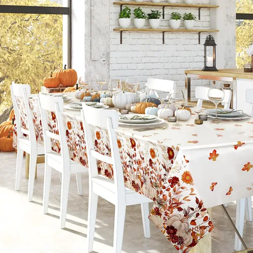 Miniatura 5 de Newwiee 4 manteles de plástico de otoño, manteles de plástico de Acción de Gracias, diseño de calabaza silvestre, mantel rectangular de otoño
