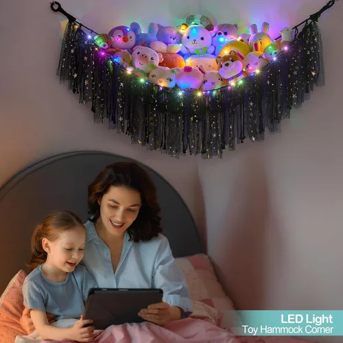 Miniatura 4 de FIOBEE Red de Animales de Peluche o Hamaca con Luz LED, Hamaca de Juguetes Colgante Organizador de Almacenamiento Soporte para Animales de Peluche