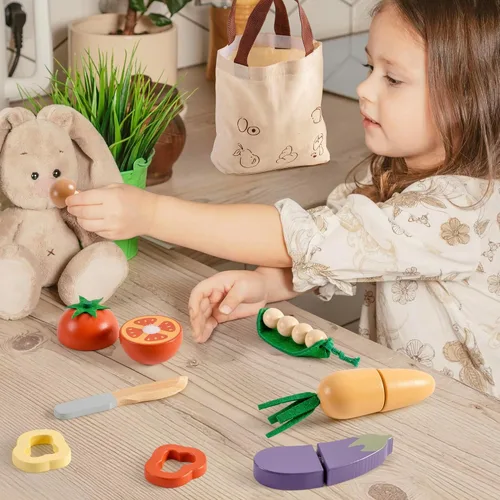 Miniatura 2 de ROBOTIME Juego de Comida de Juguete de Madera para Cortar Verduras, Juguete de Comida de Simulación para Cocina de Juguete con Bolsa de Compras