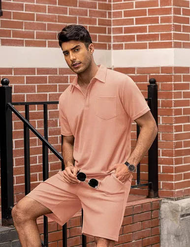 Miniatura 37 de COOFANDY Conjunto de camisa polo y pantalones cortos de punto gofre para hombre, conjunto de 2 piezas, traje de verano casual con bolsillos