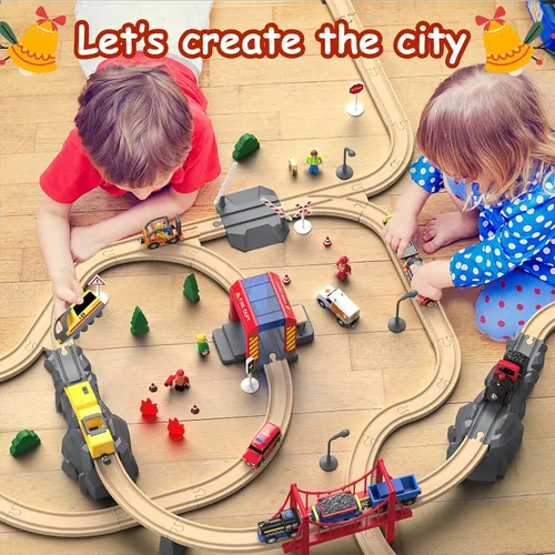 Miniatura 12 de Giant bean Juego de Tren Eléctrico de Vía de Madera de Estación de Bomberos de 72 Piezas, Kits de Juguete Ferroviario Empaquetados como Regalo