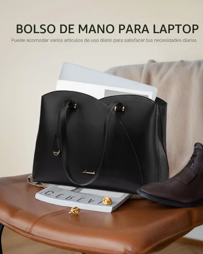 Miniatura 7 de LOVEVOOK Bolso de mano para laptop para mujeres, bolsos de trabajo, bolso para laptop para maestros, bolso de computadora de cuero, carteras Negro