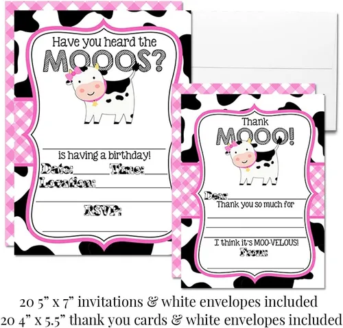Miniatura 7 de El paquete de fiesta de cumpleaños de vaca rosa de Heard the Moos incluye 20 invitaciones y tarjetas de agradecimiento con sobres + calcomanías