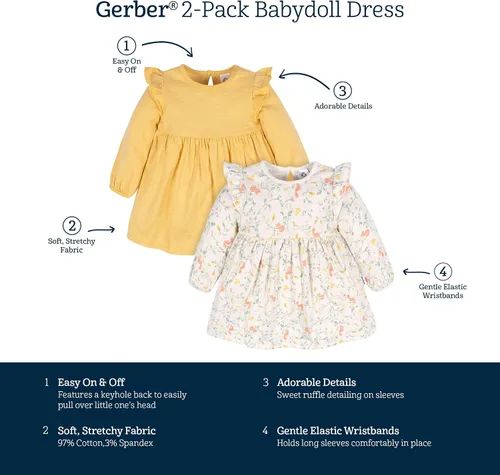 Miniatura 6 de Gerber Paquete de 2 vestidos de manga larga para bebés y niñas pequeñas