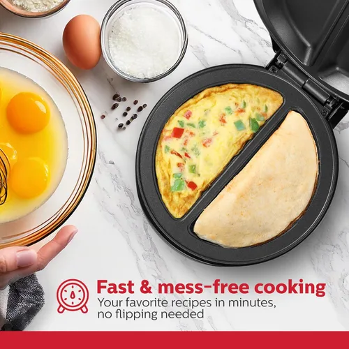 Miniatura 2 de Holstein Housewares Máquina de omelete y frittata de 2 secciones de acero inoxidable, revestimiento antiadherente, fácil de limpiar, luces Negro